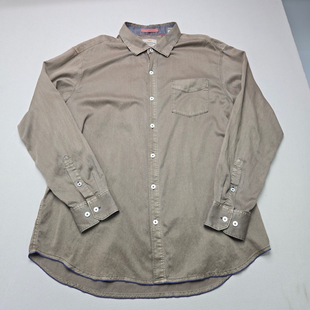Tommy Bahama Jeans Button Down Shirt Tencel Cotton Pocket Khaki Tan Mens XL Long